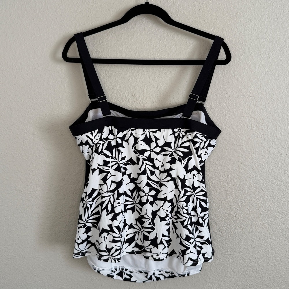 Lands End Womens 16W Tankini Top Black White Floral Ruched Tropical Modest - Picture 2 of 7